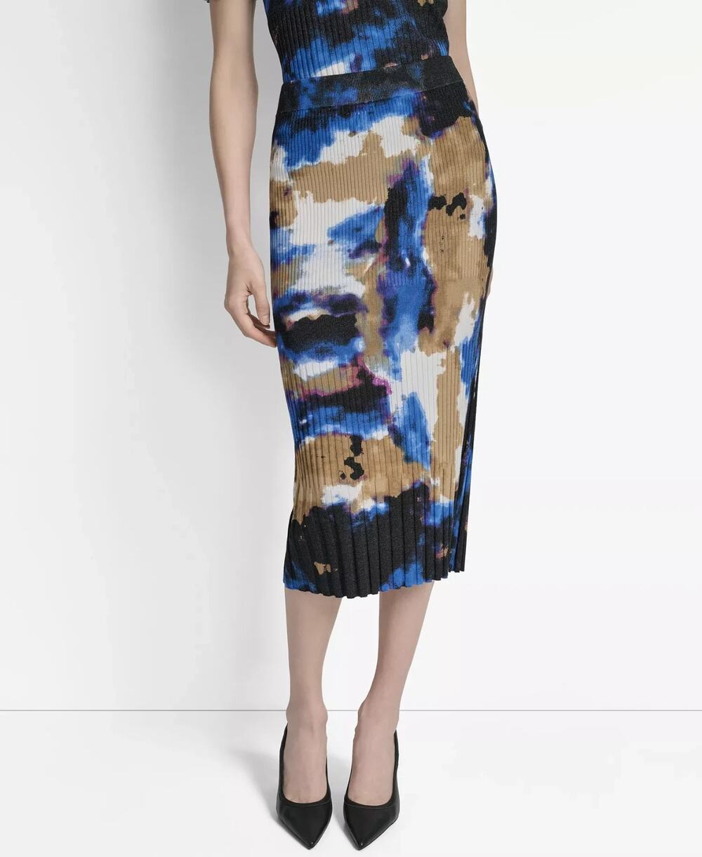 Dkny Midi Skirt Women XS Multi Abstract Print Ribbed-Knit Bodycon Maximalist NWT